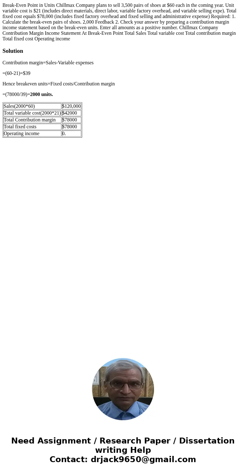  Break-Even Point in Units Chillmax Company plans to sell 3,500 pairs of shoes at $60 each in the coming year. Unit variable cost is $21 (includes direct materi