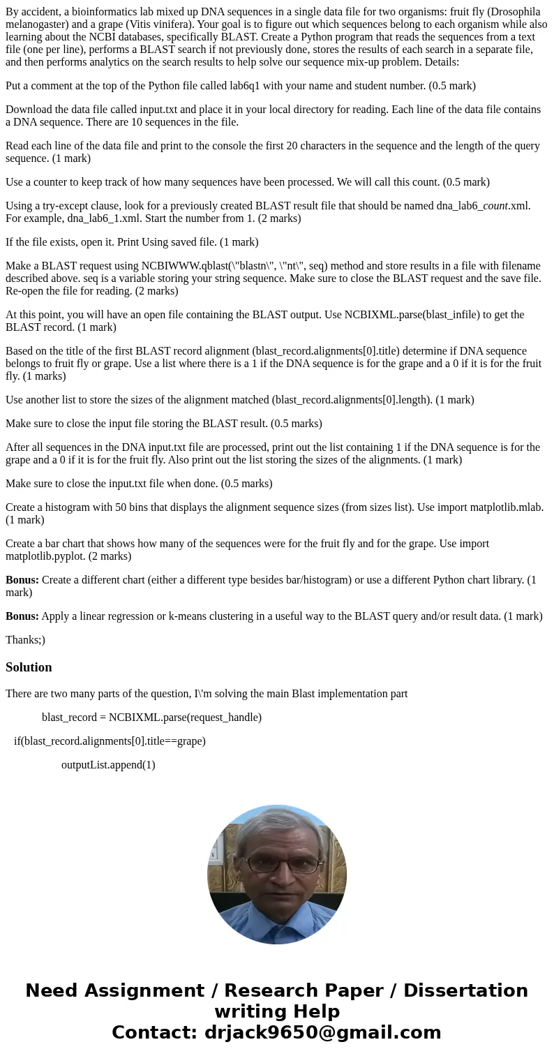 By accident, a bioinformatics lab mixed up DNA sequences in a single data file for two organisms: fruit fly (Drosophila melanogaster) and a grape (Vitis vinifer