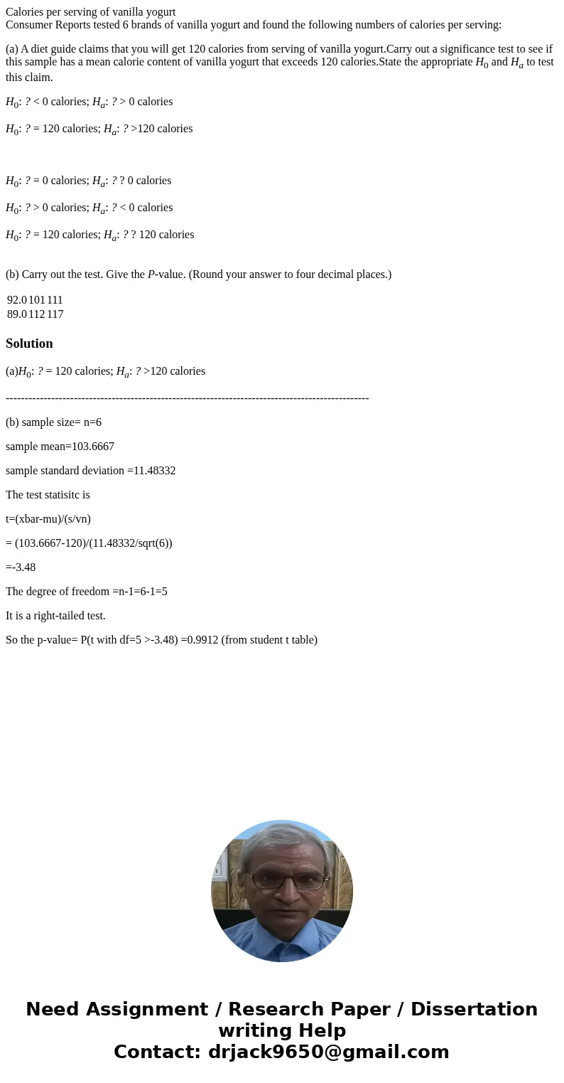 Calories per serving of vanilla yogurt Consumer Reports tested 6 brands of vanilla yogurt and found the following numbers of calories per serving: (a) A diet gu Calories per serving of vanilla yogurt Consumer Reports tested 6 brands of vanilla yogurt and found the following numbers of calories per serving: (a) A diet gu