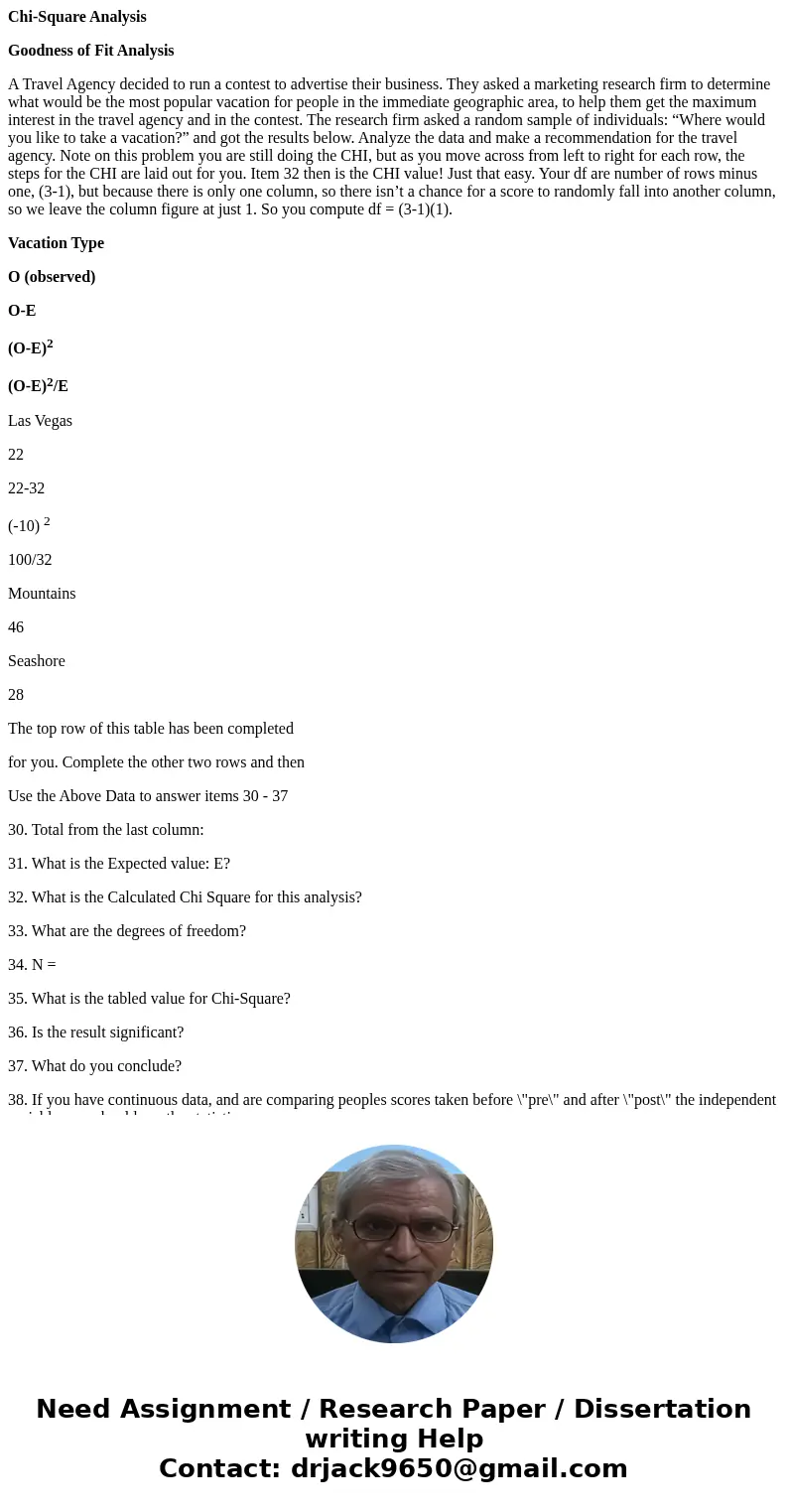 Chi-Square Analysis Goodness of Fit Analysis A Travel Agency decided to run a contest to advertise their business. They asked a marketing research firm to deter Chi-Square Analysis Goodness of Fit Analysis A Travel Agency decided to run a contest to advertise their business. They asked a marketing research firm to deter