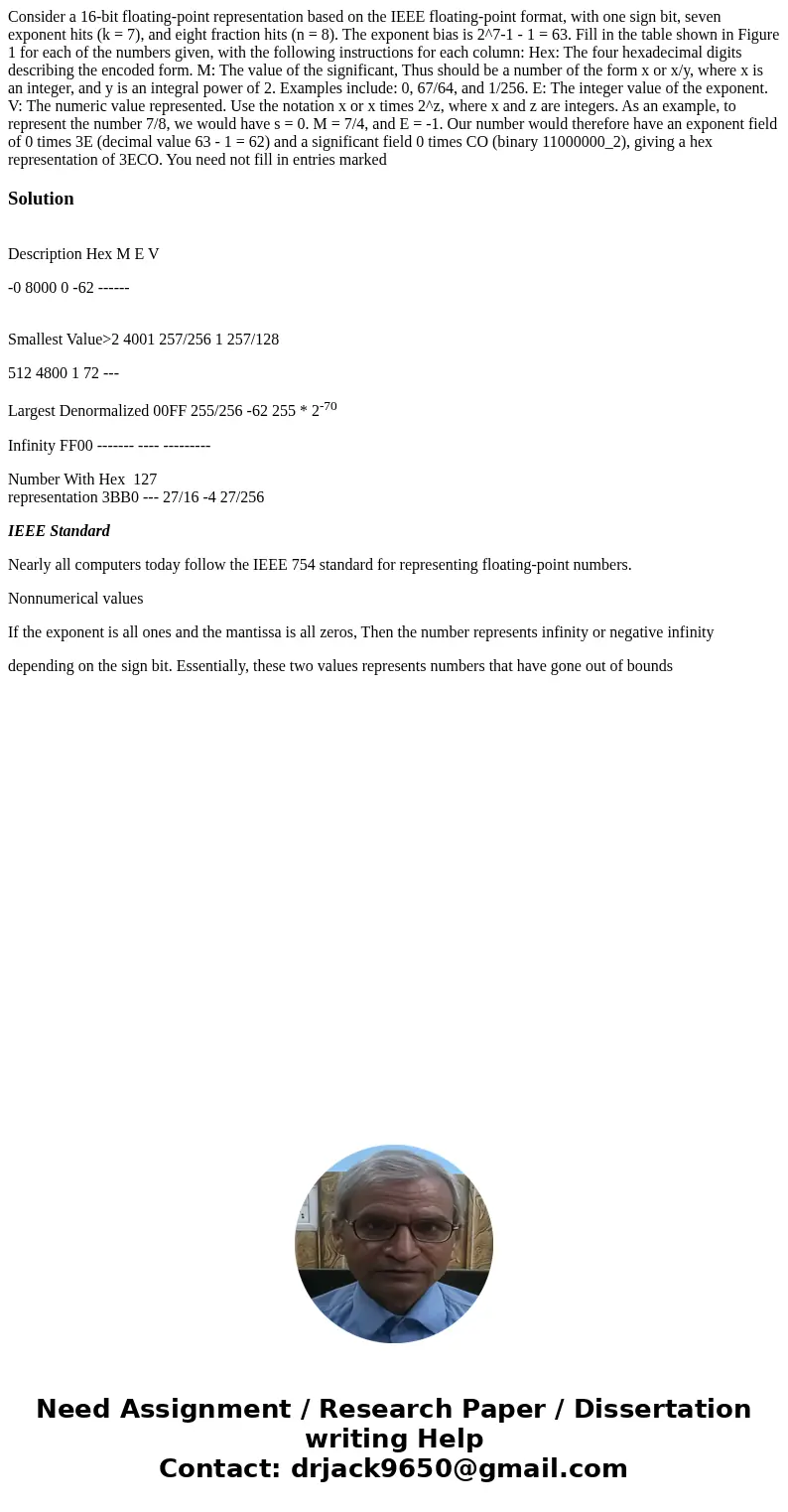 Consider a 16-bit floating-point representation based on the IEEE floating-point format, with one sign bit, seven exponent hits (k = 7), and eight fraction hit  Consider a 16-bit floating-point representation based on the IEEE floating-point format, with one sign bit, seven exponent hits (k = 7), and eight fraction hit