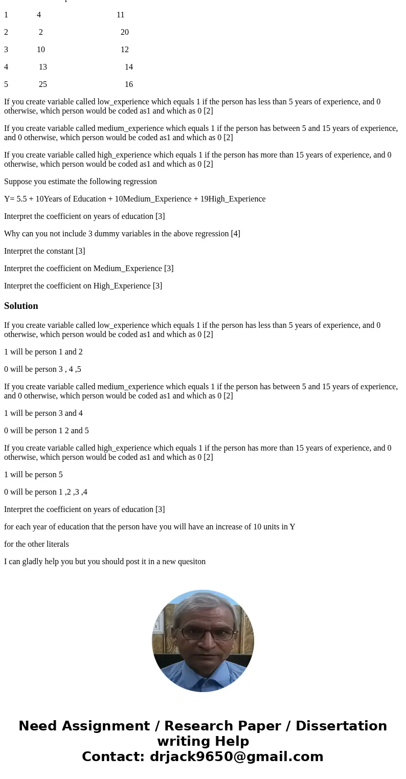 Consider a regression study involving wages in $ as the y variable and the x variables are years of experience, and years of education. Suppose you have the fol Consider a regression study involving wages in $ as the y variable and the x variables are years of experience, and years of education. Suppose you have the fol