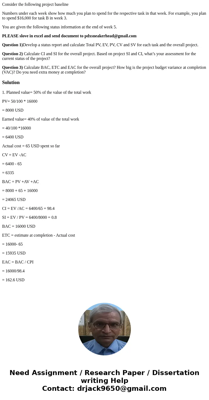 Consider the following project baseline Numbers under each week show how much you plan to spend for the respective task in that week. For example, you plan to s Consider the following project baseline Numbers under each week show how much you plan to spend for the respective task in that week. For example, you plan to s