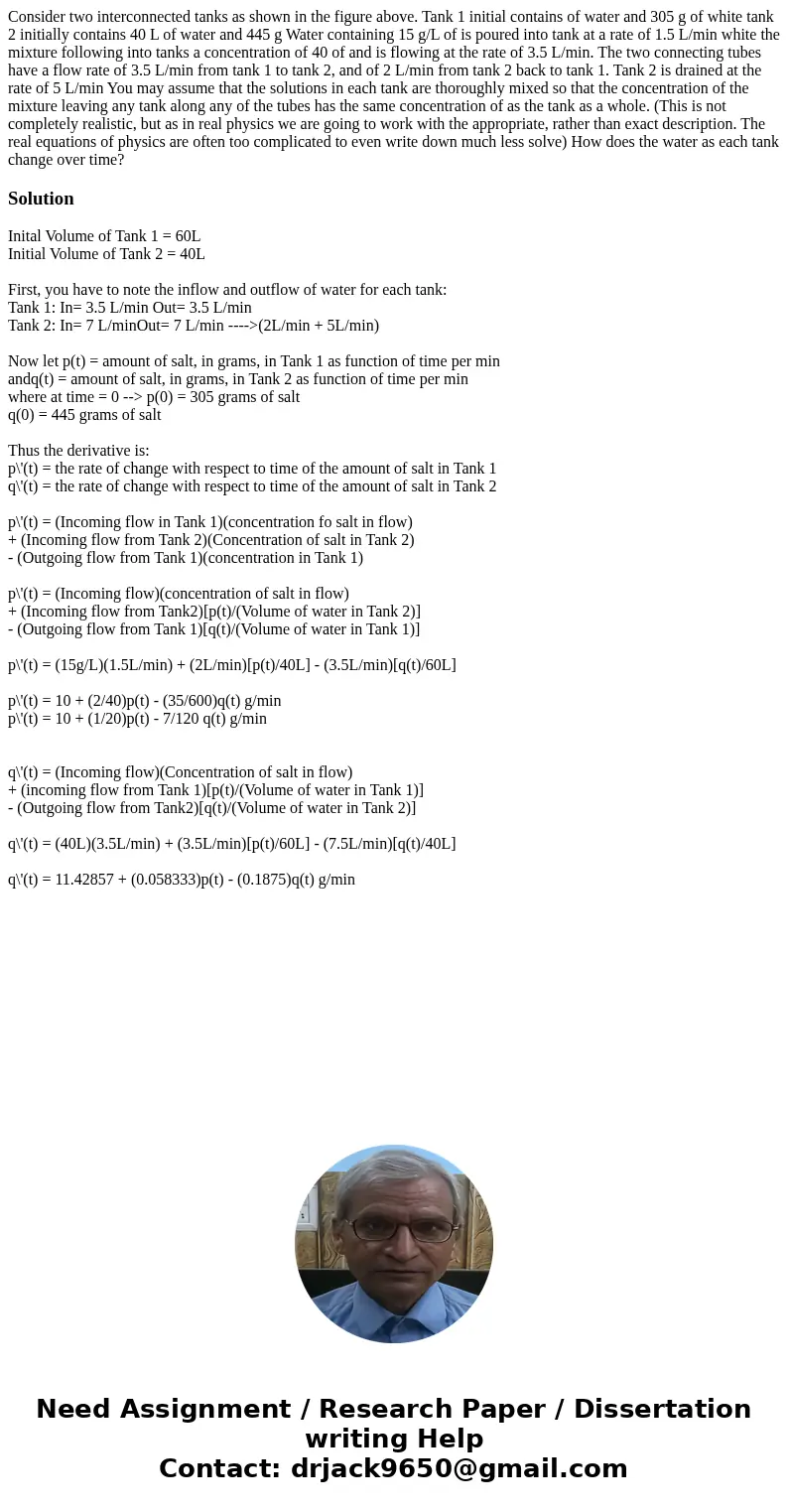  Consider two interconnected tanks as shown in the figure above. Tank 1 initial contains of water and 305 g of white tank 2 initially contains 40 L of water and