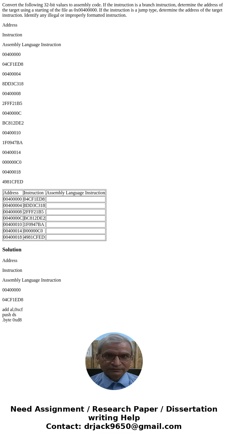 Convert the following 32-bit values to assembly code. If the instruction is a branch instruction, determine the address of the target using a starting of the fi Convert the following 32-bit values to assembly code. If the instruction is a branch instruction, determine the address of the target using a starting of the fi