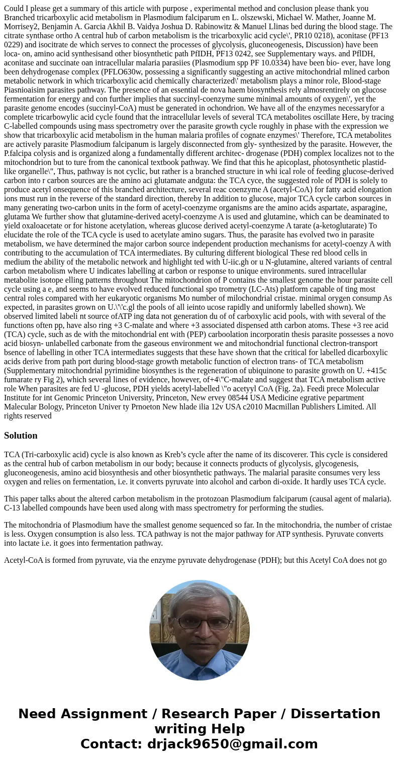 Could I please get a summary of this article with purpose , experimental method and conclusion please thank you Branched tricarboxylic acid metabolism in Plasmo