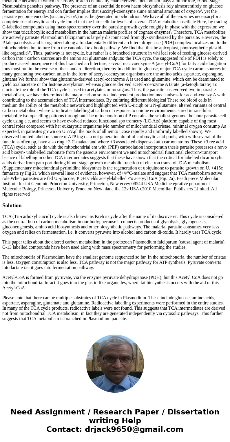 Could I please get a summary of this article with purpose , experimental method and conclusion please thank you Branched tricarboxylic acid metabolism in Plasmo