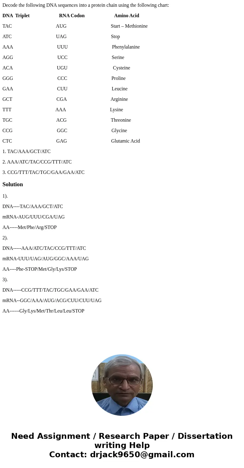 Decode the following DNA sequences into a protein chain using the following chart: DNA Triplet RNA Codon Amino Acid TAC AUG Start – Methionine ATC UAG Stop AAA  Decode the following DNA sequences into a protein chain using the following chart: DNA Triplet RNA Codon Amino Acid TAC AUG Start – Methionine ATC UAG Stop AAA