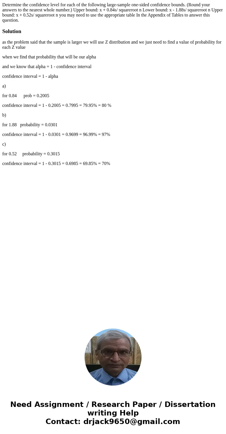 Determine the confidence level for each of the following large-sample one-sided confidence bounds. (Round your answers to the nearest whole number.) Upper boun  Determine the confidence level for each of the following large-sample one-sided confidence bounds. (Round your answers to the nearest whole number.) Upper boun