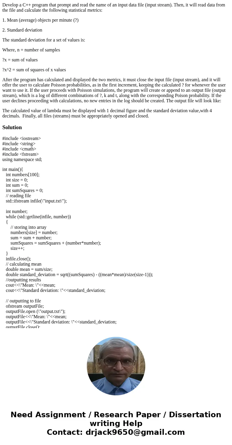 Develop a C++ program that prompt and read the name of an input data file (input stream). Then, it will read data from the file and calculate the following stat