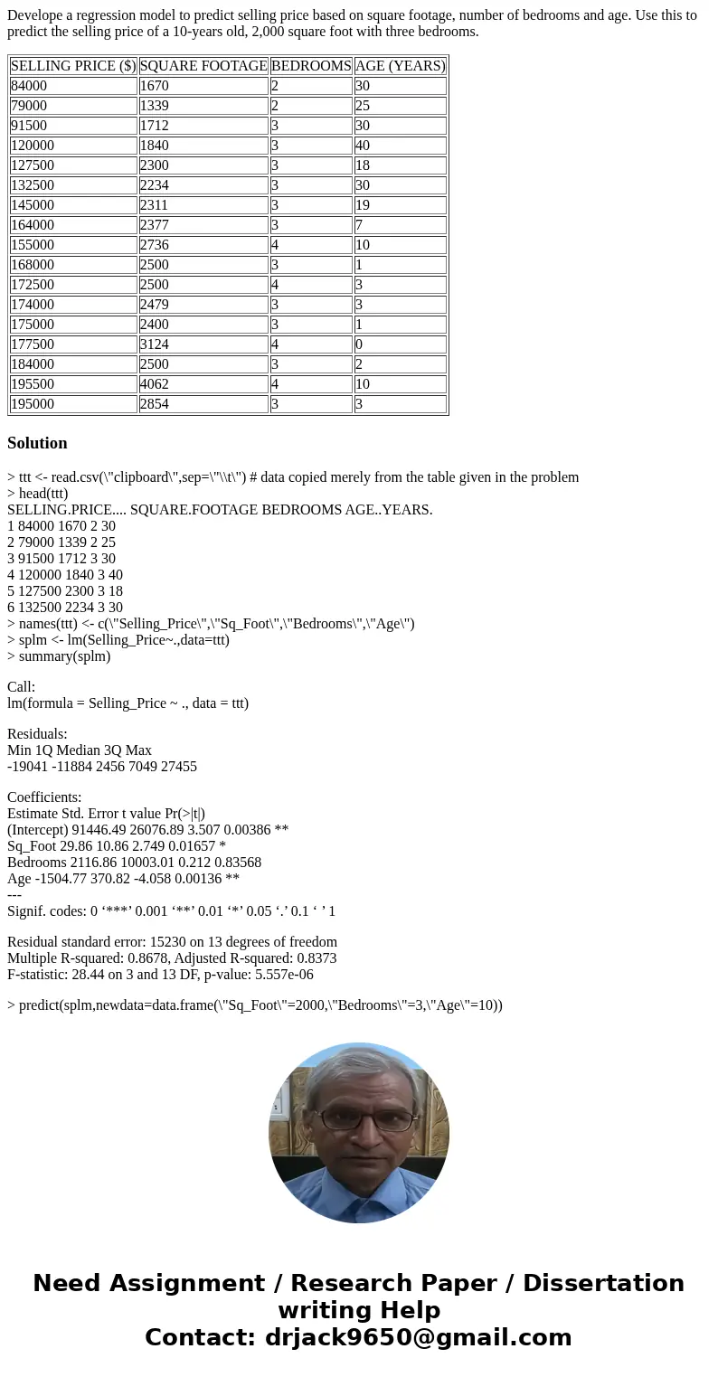Develope a regression model to predict selling price based on square footage, number of bedrooms and age. Use this to predict the selling price of a 10-years ol Develope a regression model to predict selling price based on square footage, number of bedrooms and age. Use this to predict the selling price of a 10-years ol