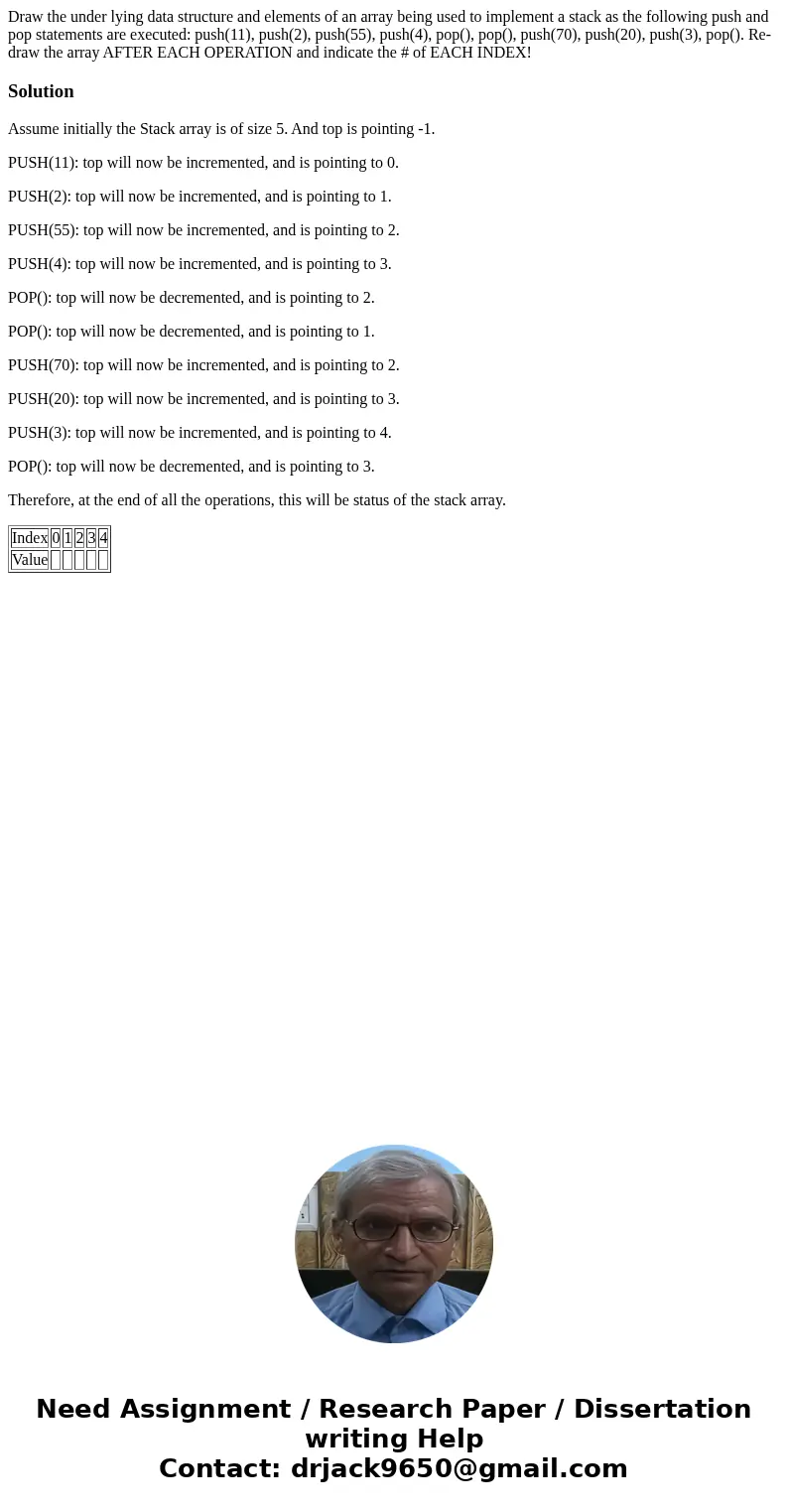 Draw the under lying data structure and elements of an array being used to implement a stack as the following push and pop statements are executed: push(11), p  Draw the under lying data structure and elements of an array being used to implement a stack as the following push and pop statements are executed: push(11), p