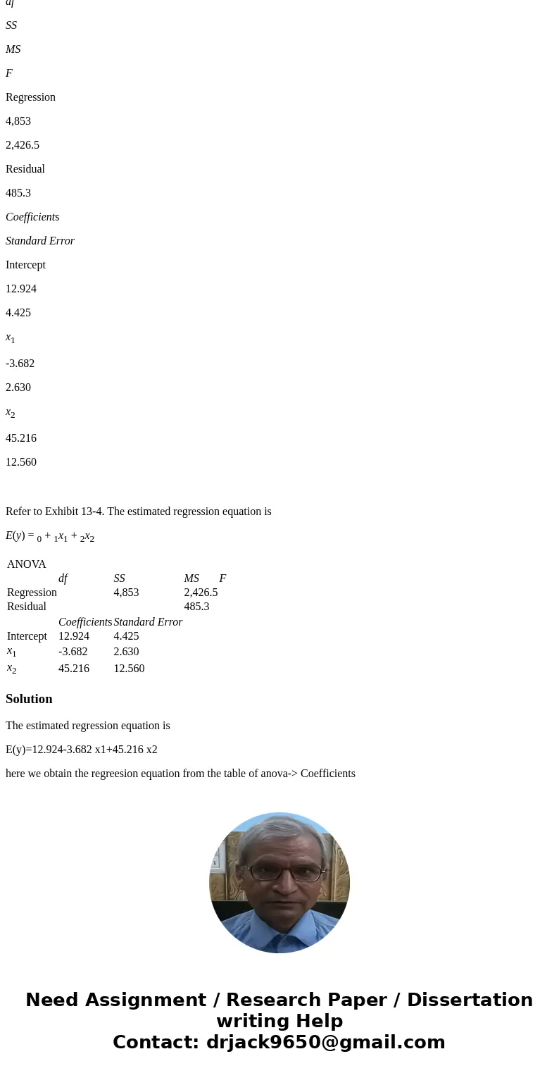 Exhibit 13-4 Below you are given a partial Excel output based on a sample of 16 observations. ANOVA df SS MS F Regression 4,853 2,426.5 Residual 485.3 Coefficie Exhibit 13-4 Below you are given a partial Excel output based on a sample of 16 observations. ANOVA df SS MS F Regression 4,853 2,426.5 Residual 485.3 Coefficie