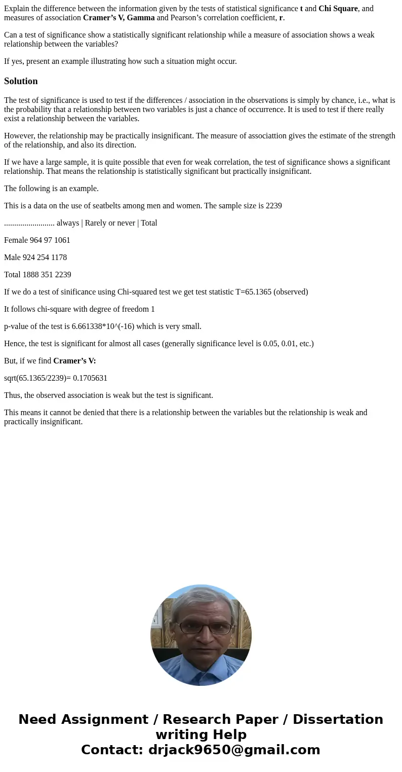 Explain the difference between the information given by the tests of statistical significance t and Chi Square, and measures of association Cramer’s V, Gamma an Explain the difference between the information given by the tests of statistical significance t and Chi Square, and measures of association Cramer’s V, Gamma an