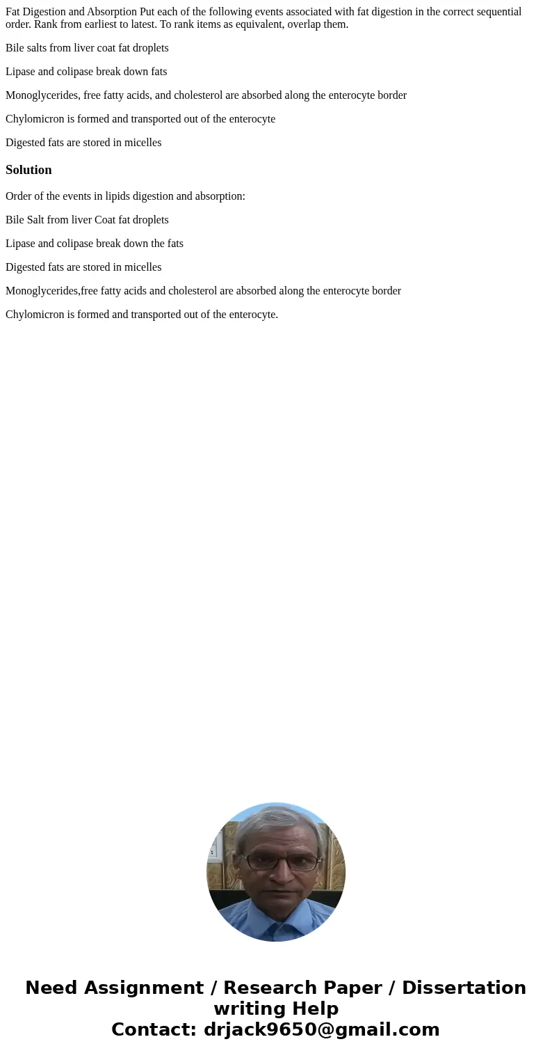 Fat Digestion and Absorption Put each of the following events associated with fat digestion in the correct sequential order. Rank from earliest to latest. To ra Fat Digestion and Absorption Put each of the following events associated with fat digestion in the correct sequential order. Rank from earliest to latest. To ra