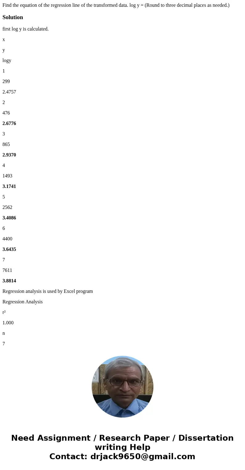  Find the equation of the regression line of the transformed data. log y = (Round to three decimal places as needed.) Solutionfirst log y is calculated. x y log