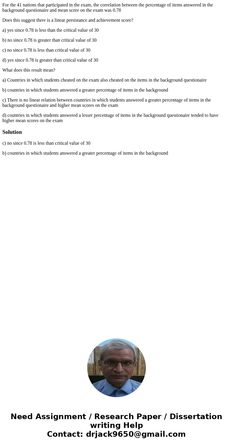 For the 41 nations that participated in the exam, the correlation between the percentage of items answered in the background questionaire and mean score on the  For the 41 nations that participated in the exam, the correlation between the percentage of items answered in the background questionaire and mean score on the