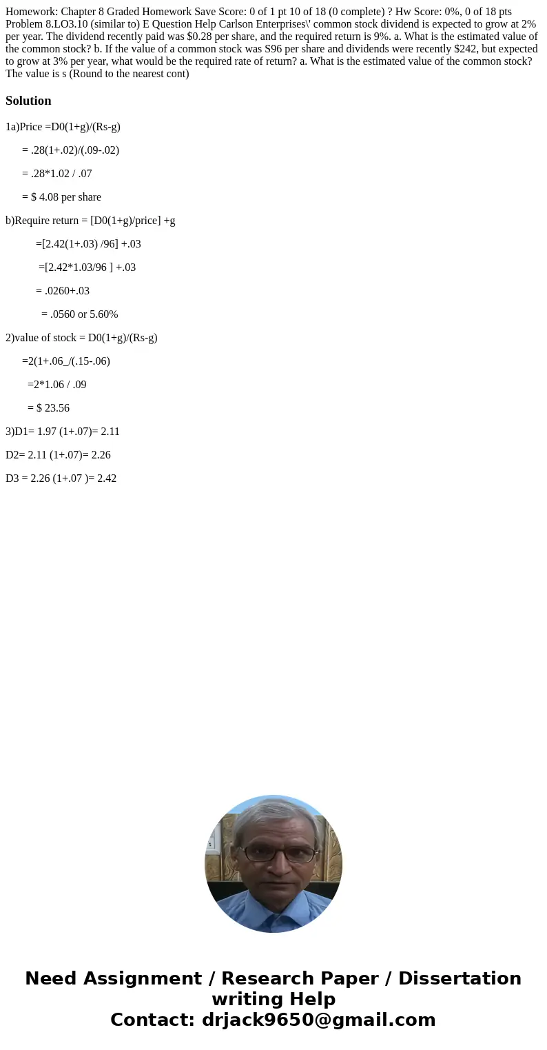  Homework: Chapter 8 Graded Homework Save Score: 0 of 1 pt 10 of 18 (0 complete) ? Hw Score: 0%, 0 of 18 pts Problem 8.LO3.10 (similar to) E Question Help Carls