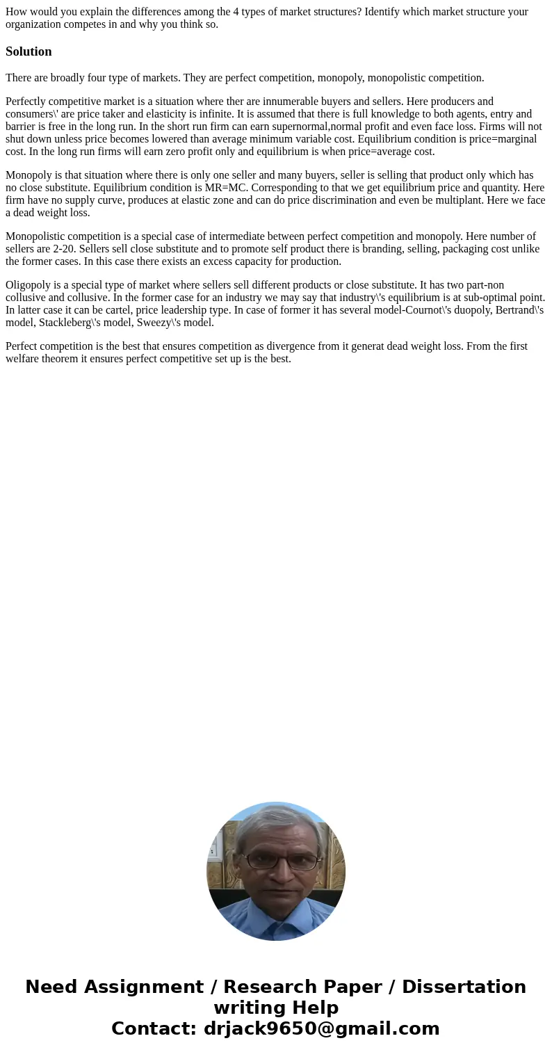 How would you explain the differences among the 4 types of market structures? Identify which market structure your organization competes in and why you think so How would you explain the differences among the 4 types of market structures? Identify which market structure your organization competes in and why you think so