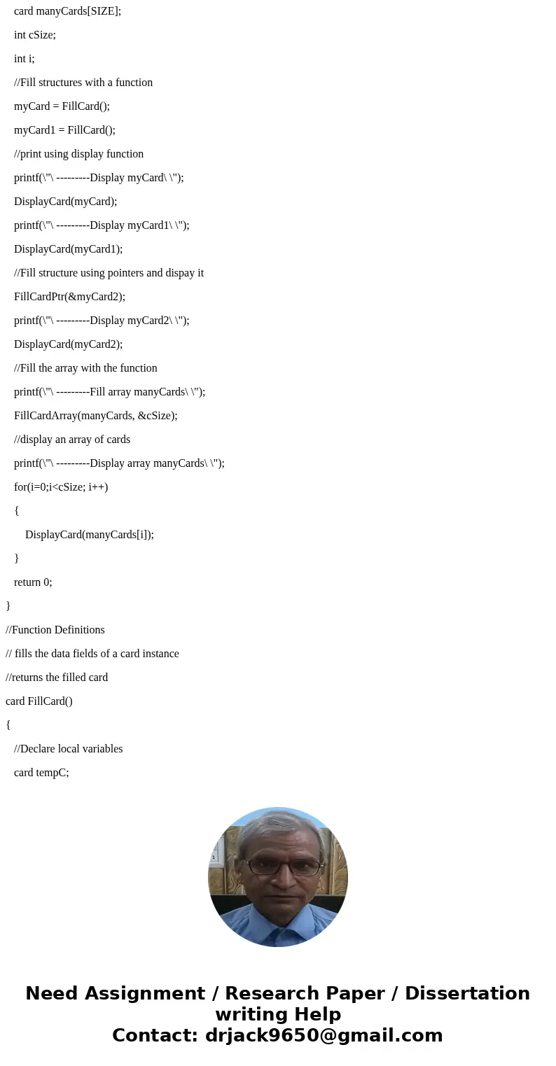 I need assistance in Programing, Language C. What we are suppose to do with this code is.... - Change the struct card from the attached file to struct song with I need assistance in Programing, Language C. What we are suppose to do with this code is.... - Change the struct card from the attached file to struct song with