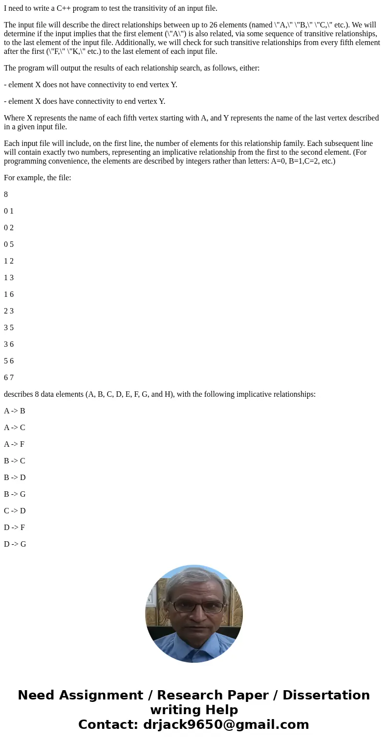 I need to write a C++ program to test the transitivity of an input file. The input file will describe the direct relationships between up to 26 elements (named  I need to write a C++ program to test the transitivity of an input file. The input file will describe the direct relationships between up to 26 elements (named