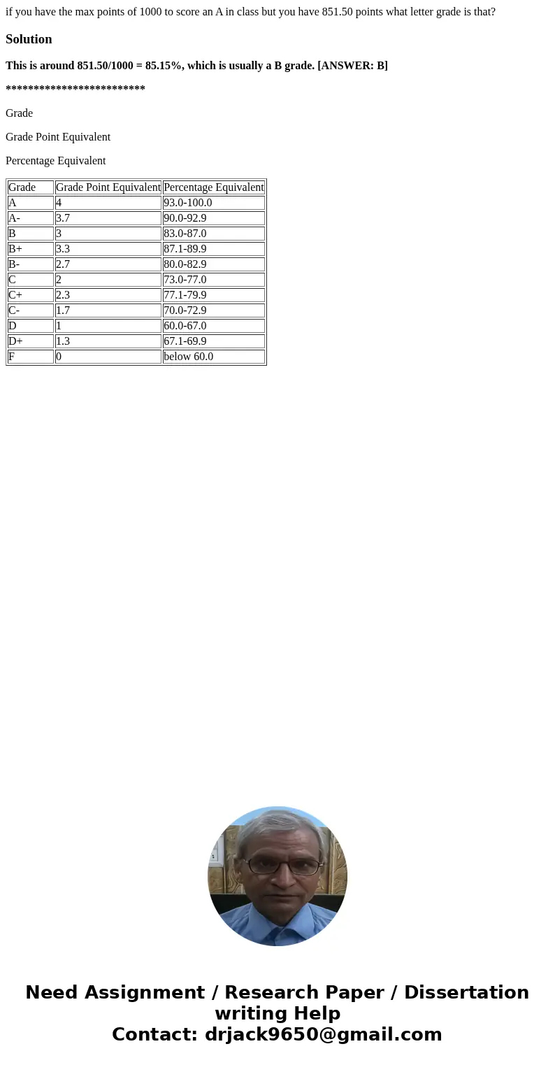 if you have the max points of 1000 to score an A in class but you have 851.50 points what letter grade is that?SolutionThis is around 851.50/1000 = 85.15%, whic
