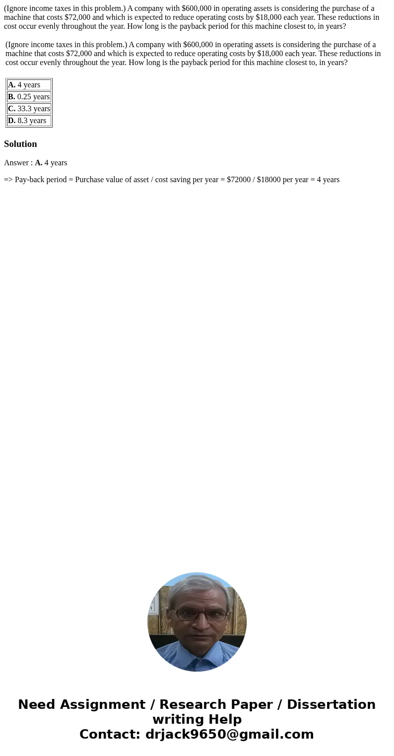 (Ignore income taxes in this problem.) A company with $600,000 in operating assets is considering the purchase of a machine that costs $72,000 and which is expe