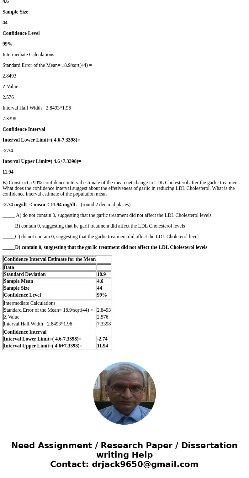In a test of the effectiveness of garlic for lowering cholesterol, 44 subjects were treated with garlic in a processed tablet form. Cholesterol levels were meas