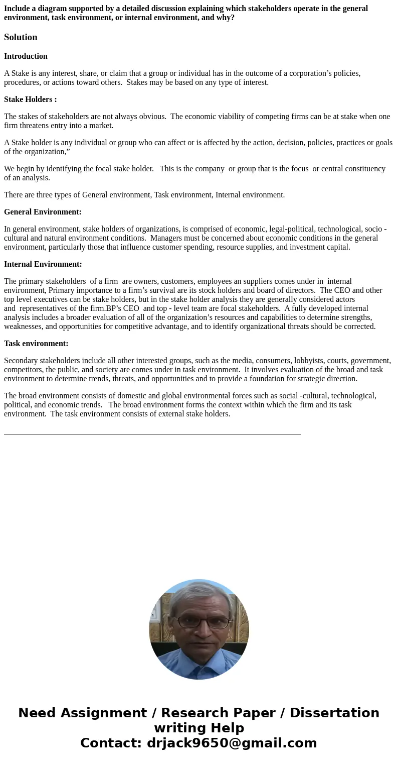 Include a diagram supported by a detailed discussion explaining which stakeholders operate in the general environment, task environment, or internal environment Include a diagram supported by a detailed discussion explaining which stakeholders operate in the general environment, task environment, or internal environment