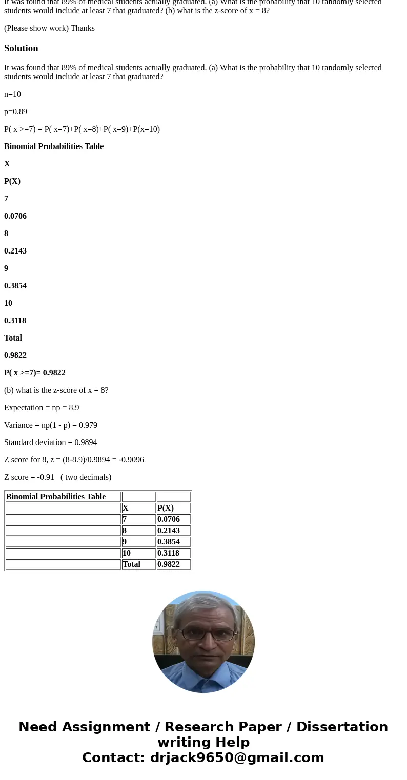 It was found that 89% of medical students actually graduated. (a) What is the probability that 10 randomly selected students would include at least 7 that gradu It was found that 89% of medical students actually graduated. (a) What is the probability that 10 randomly selected students would include at least 7 that gradu