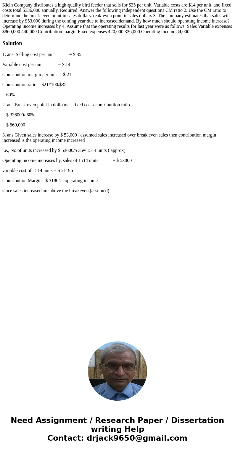 Klein Company distributes a high-quality bird feeder that sells for $35 per unit. Variable costs are $14 per unit, and fixed costs total $336,000 annually. Req  Klein Company distributes a high-quality bird feeder that sells for $35 per unit. Variable costs are $14 per unit, and fixed costs total $336,000 annually. Req