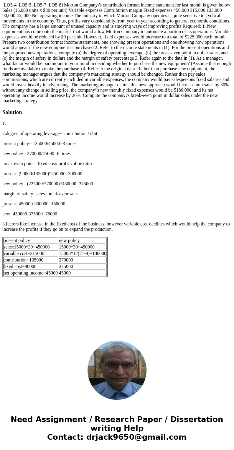  [LO5-4, LO5-5, LO5-7, LO5-8] Morton Company\'s contribution format income statement for last month is given below: Sales (15,000 units x $30 per unit) Variable