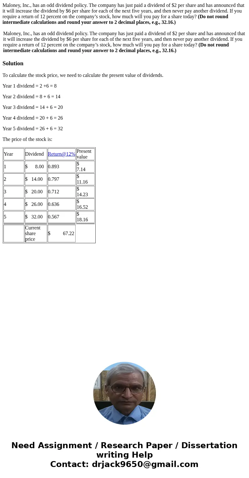 Maloney, Inc., has an odd dividend policy. The company has just paid a dividend of $2 per share and has announced that it will increase the dividend by $6 per s