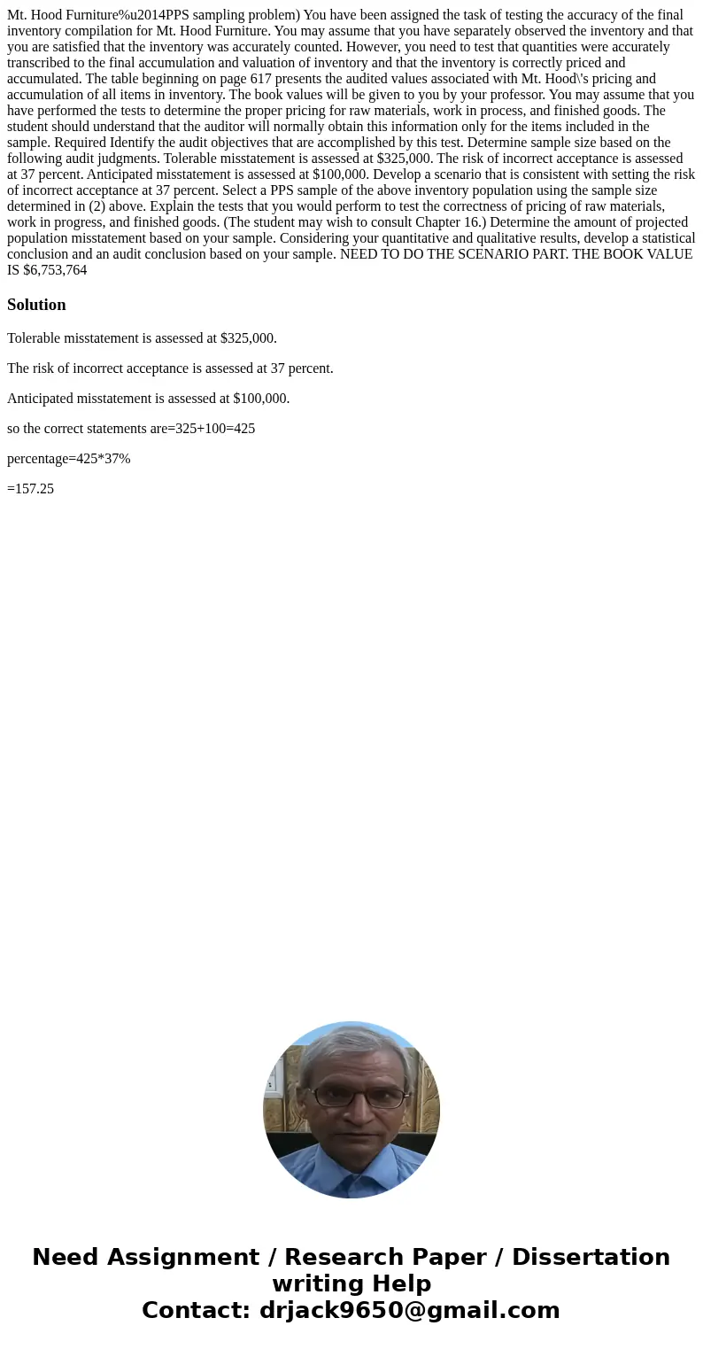 Mt. Hood Furniture%u2014PPS sampling problem) You have been assigned the task of testing the accuracy of the final inventory compilation for Mt. Hood Furniture. Mt. Hood Furniture%u2014PPS sampling problem) You have been assigned the task of testing the accuracy of the final inventory compilation for Mt. Hood Furniture.
