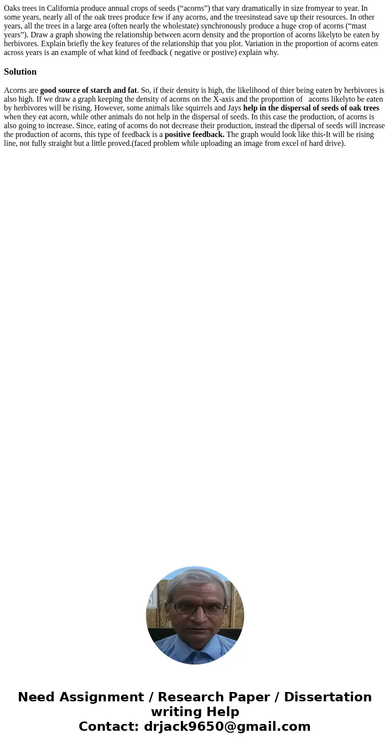 Oaks trees in California produce annual crops of seeds (“acorns”) that vary dramatically in size fromyear to year. In some years, nearly all of the oak trees pr Oaks trees in California produce annual crops of seeds (“acorns”) that vary dramatically in size fromyear to year. In some years, nearly all of the oak trees pr