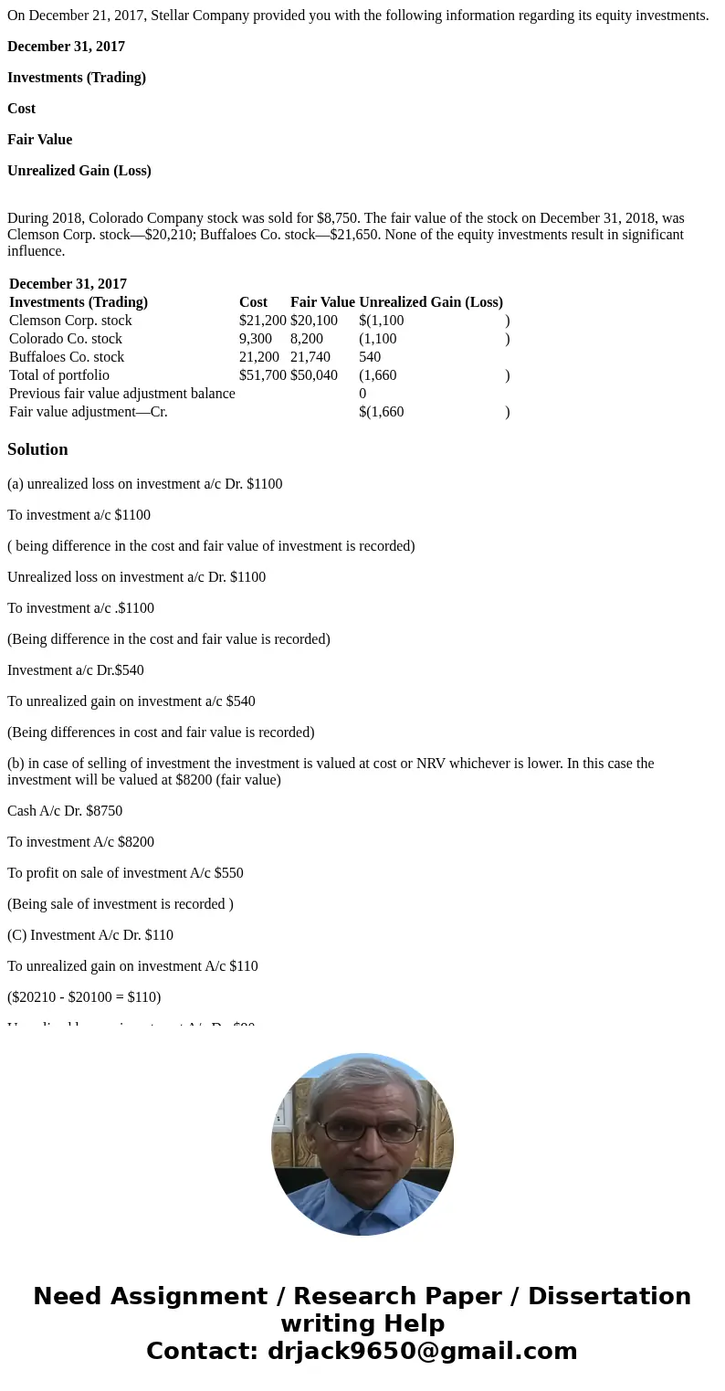 On December 21, 2017, Stellar Company provided you with the following information regarding its equity investments. December 31, 2017 Investments (Trading) Cost