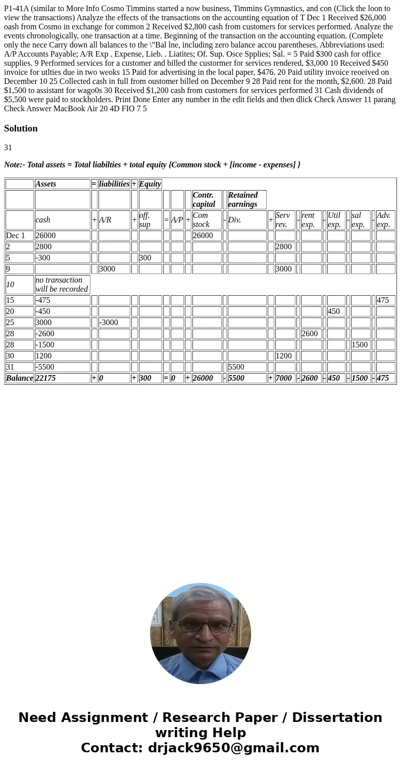  P1-41A (similar to More Info Cosmo Timmins started a now business, Timmins Gymnastics, and con (Click the loon to view the transactions) Analyze the effects of