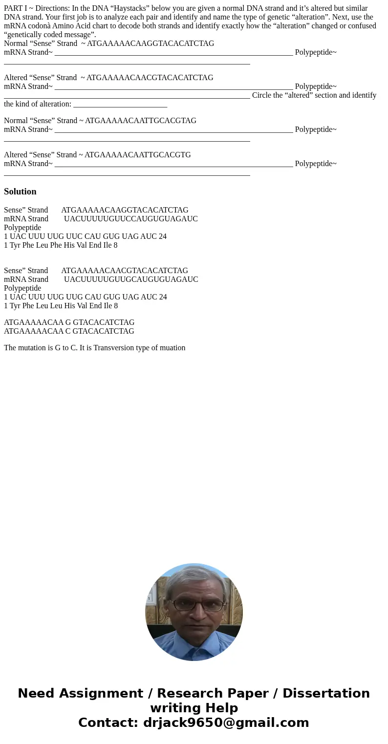 PART I ~ Directions: In the DNA “Haystacks” below you are given a normal DNA strand and it’s altered but similar DNA strand. Your first job is to analyze each p PART I ~ Directions: In the DNA “Haystacks” below you are given a normal DNA strand and it’s altered but similar DNA strand. Your first job is to analyze each p