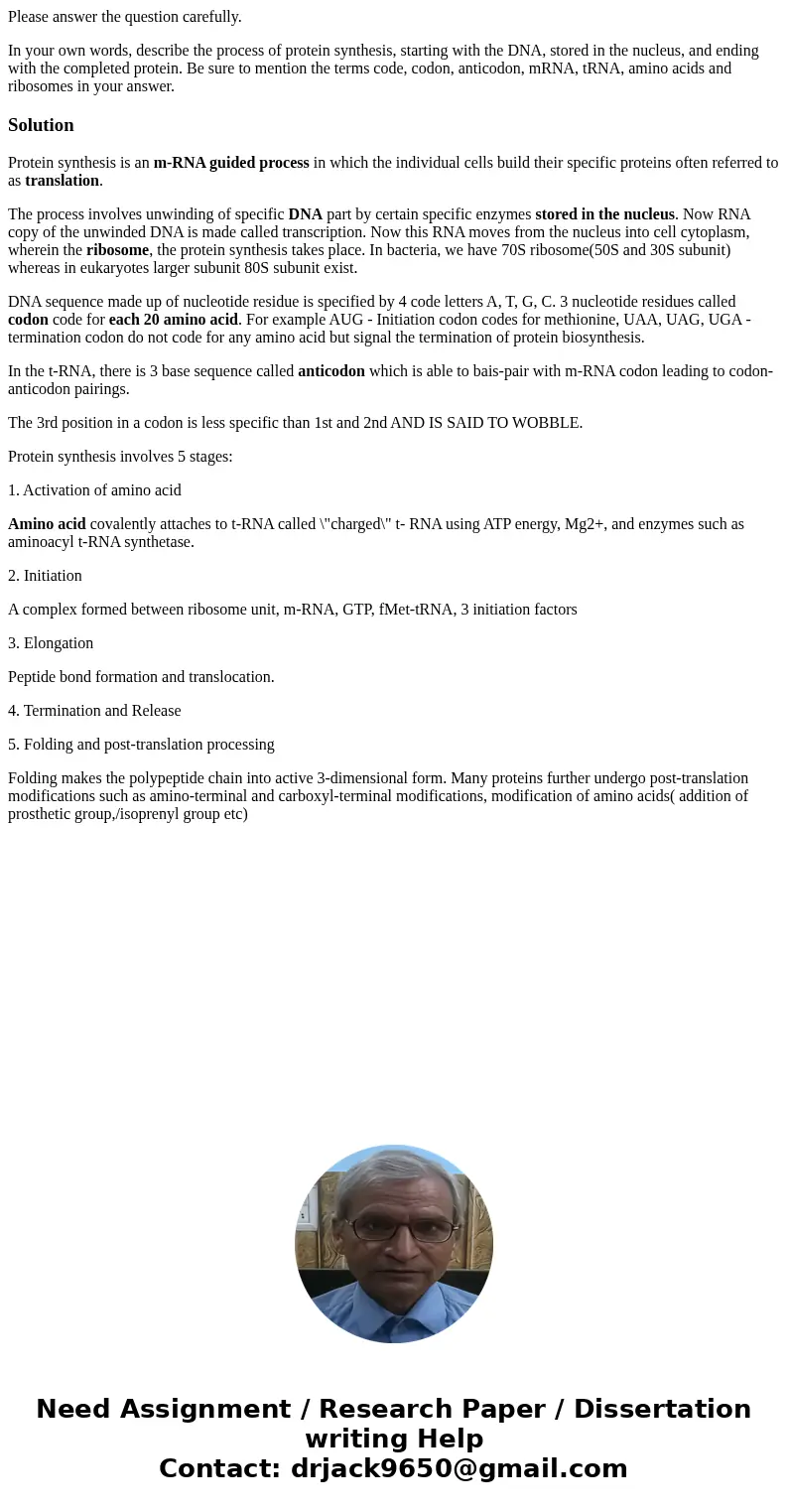 Please answer the question carefully. In your own words, describe the process of protein synthesis, starting with the DNA, stored in the nucleus, and ending wit Please answer the question carefully. In your own words, describe the process of protein synthesis, starting with the DNA, stored in the nucleus, and ending wit