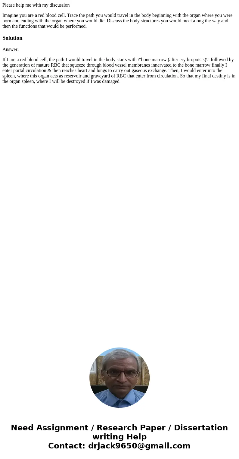 Please help me with my discussion Imagine you are a red blood cell. Trace the path you would travel in the body beginning with the organ where you were born and Please help me with my discussion Imagine you are a red blood cell. Trace the path you would travel in the body beginning with the organ where you were born and