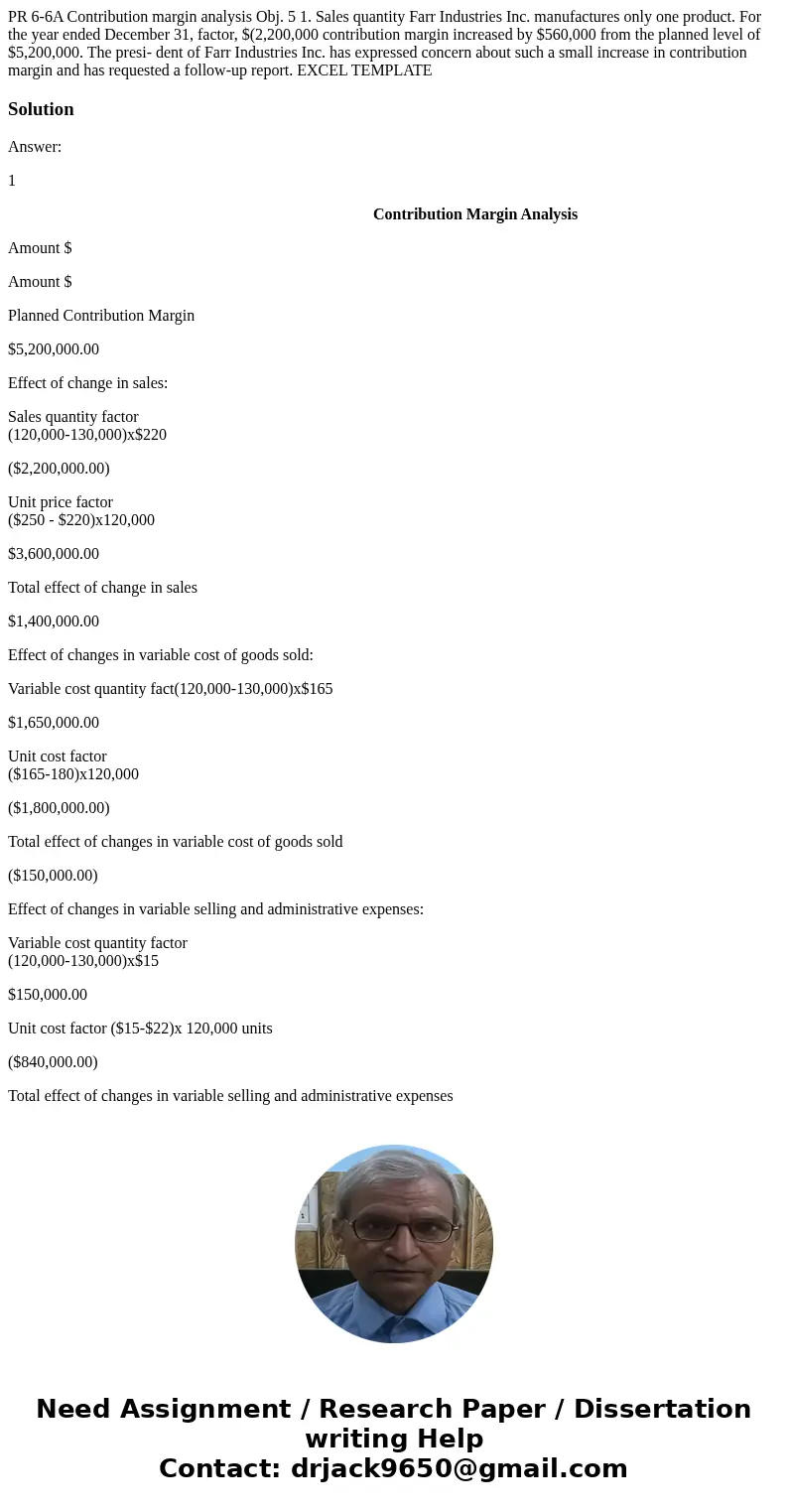  PR 6-6A Contribution margin analysis Obj. 5 1. Sales quantity Farr Industries Inc. manufactures only one product. For the year ended December 31, factor, $(2,2