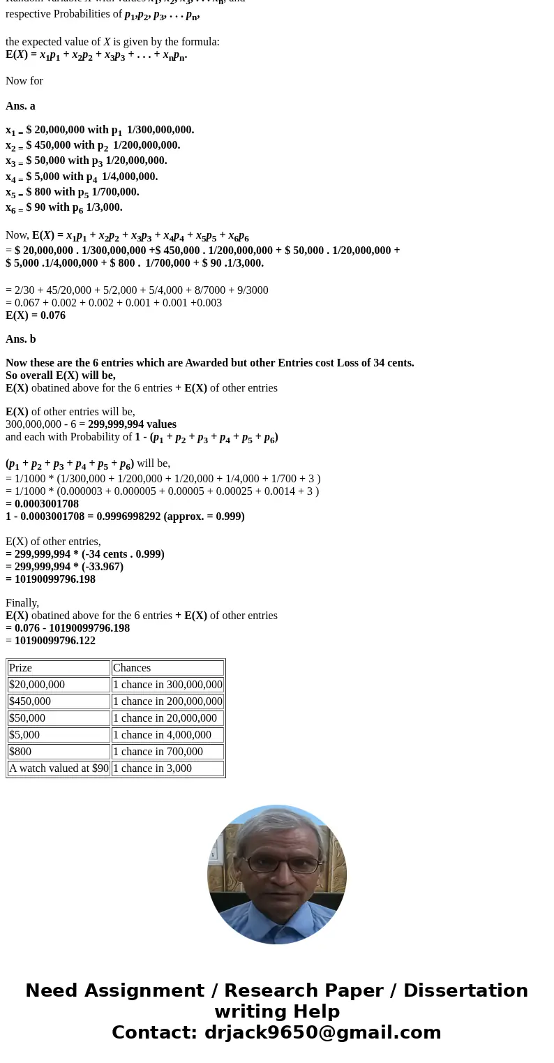 Prizes and the chances of winning in a sweepstakes are given in the table below. Prize Chances $20,000,000 1 chance in 300,000,000 $450,000 1 chance in 200,000, Prizes and the chances of winning in a sweepstakes are given in the table below. Prize Chances $20,000,000 1 chance in 300,000,000 $450,000 1 chance in 200,000,