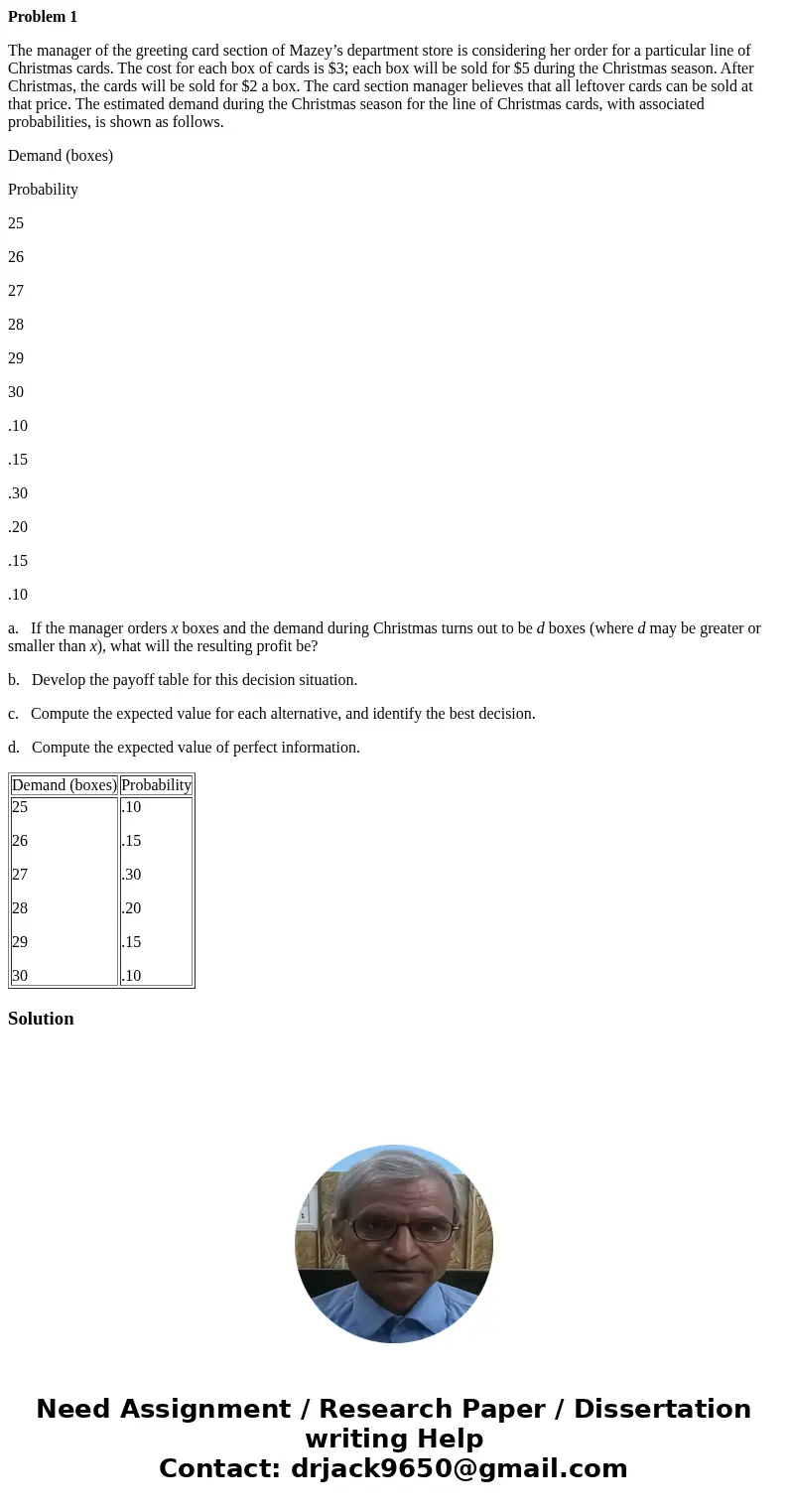 Problem 1 The manager of the greeting card section of Mazey’s department store is considering her order for a particular line of Christmas cards. The cost for e