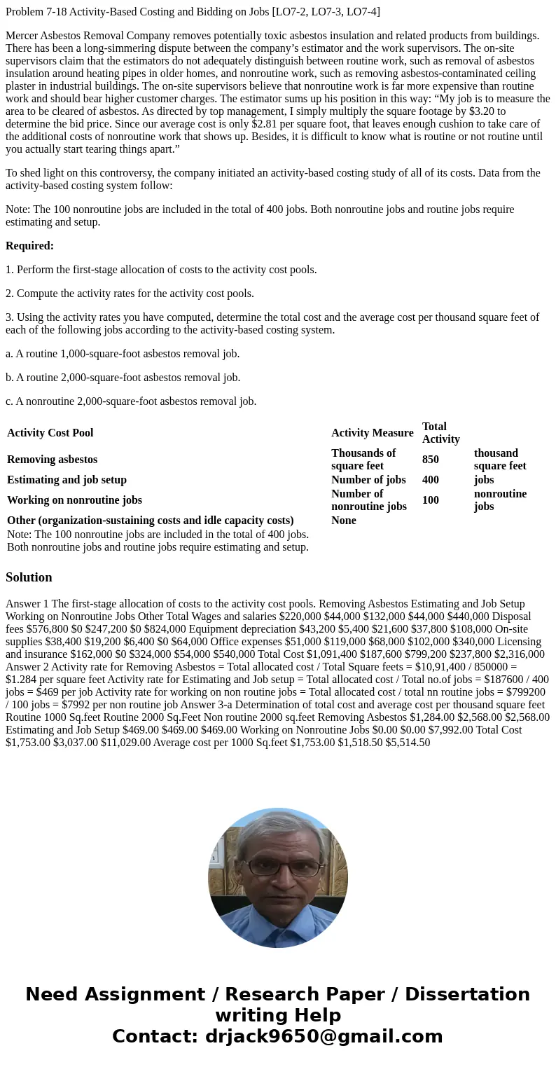 Problem 7-18 Activity-Based Costing and Bidding on Jobs [LO7-2, LO7-3, LO7-4] Mercer Asbestos Removal Company removes potentially toxic asbestos insulation and 