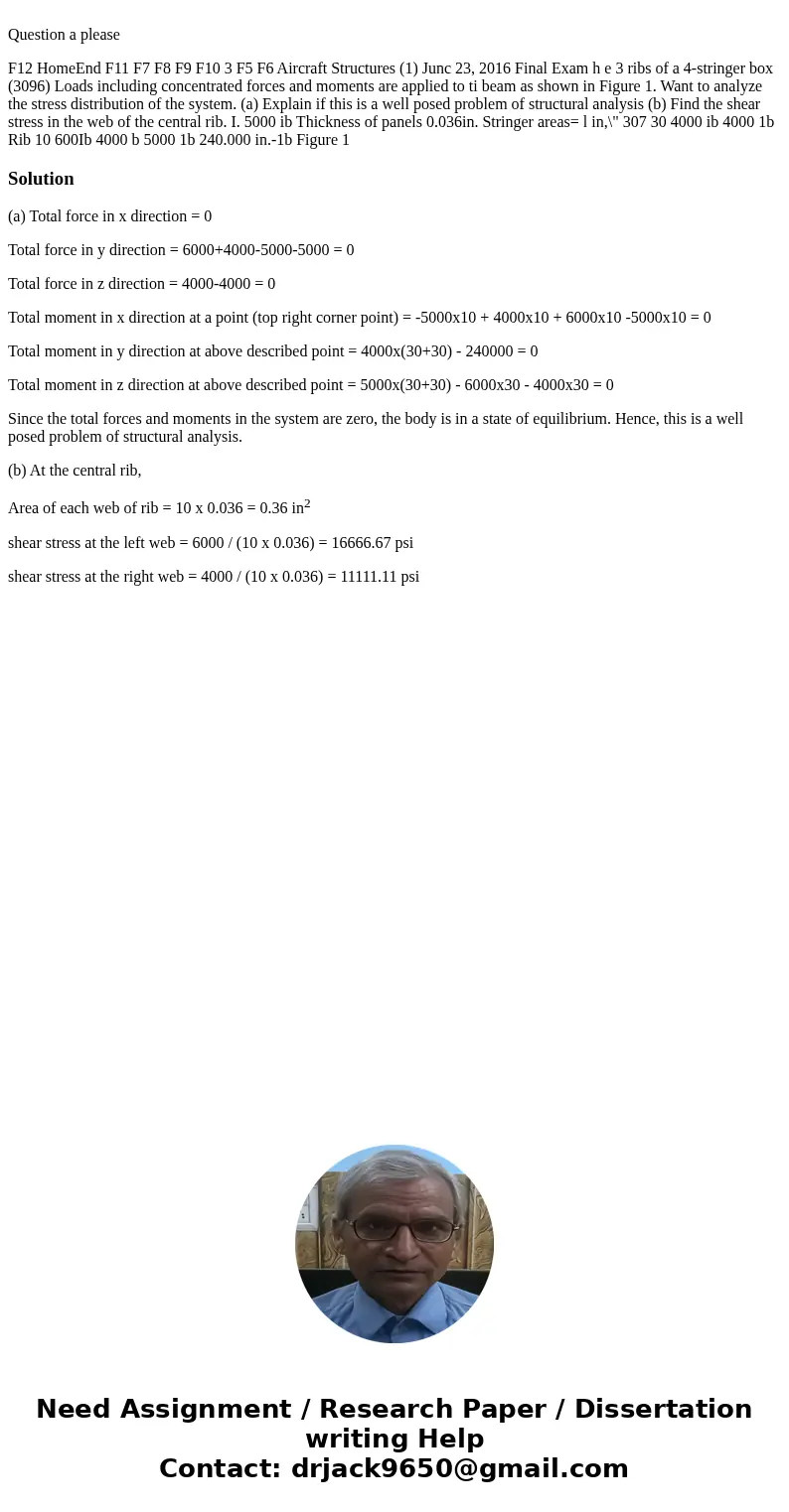 Question a please F12 HomeEnd F11 F7 F8 F9 F10 3 F5 F6 Aircraft Structures (1) Junc 23, 2016 Final Exam h e 3 ribs of a 4-stringer box (3096) Loads including c  Question a please F12 HomeEnd F11 F7 F8 F9 F10 3 F5 F6 Aircraft Structures (1) Junc 23, 2016 Final Exam h e 3 ribs of a 4-stringer box (3096) Loads including c