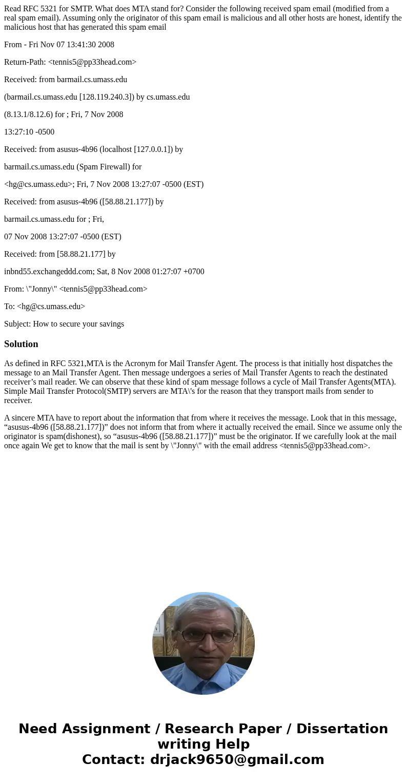 Read RFC 5321 for SMTP. What does MTA stand for? Consider the following received spam email (modified from a real spam email). Assuming only the originator of t