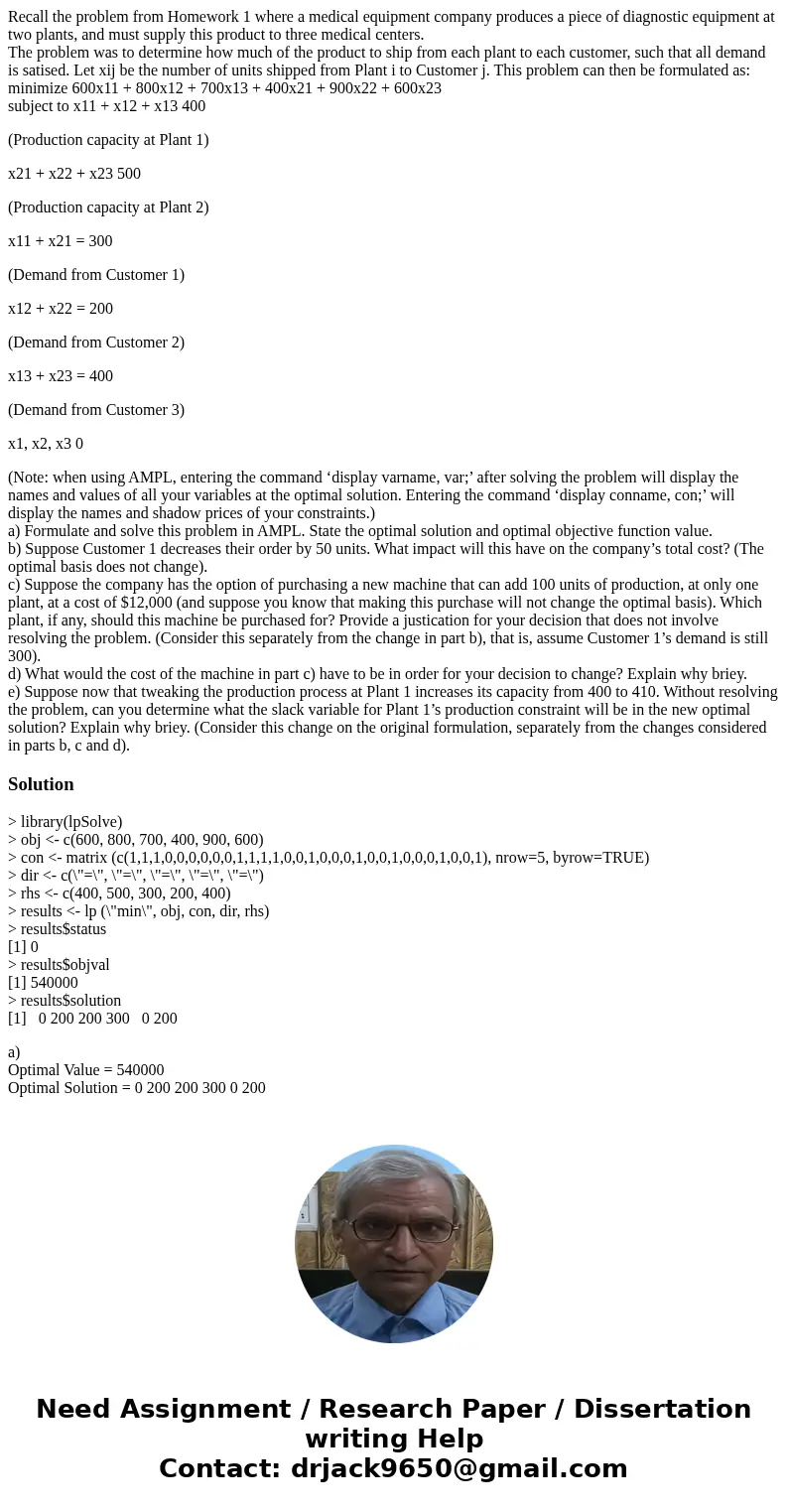 Recall the problem from Homework 1 where a medical equipment company produces a piece of diagnostic equipment at two plants, and must supply this product to thr Recall the problem from Homework 1 where a medical equipment company produces a piece of diagnostic equipment at two plants, and must supply this product to thr
