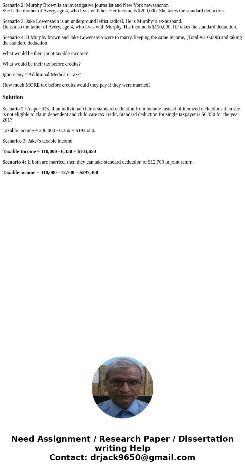 Scenario 2: Murphy Brown is an investigative journalist and New York newsanchor. She is the mother of Avery, age 4, who lives with her. Her income is $200,000. 