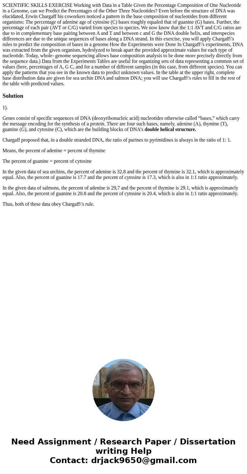  SCIENTIFIC SKILLS EXERCISE Working with Data in a Table Given the Percentage Composition of One Nucleotide in a Genome, can we Predict the Percentages of the O