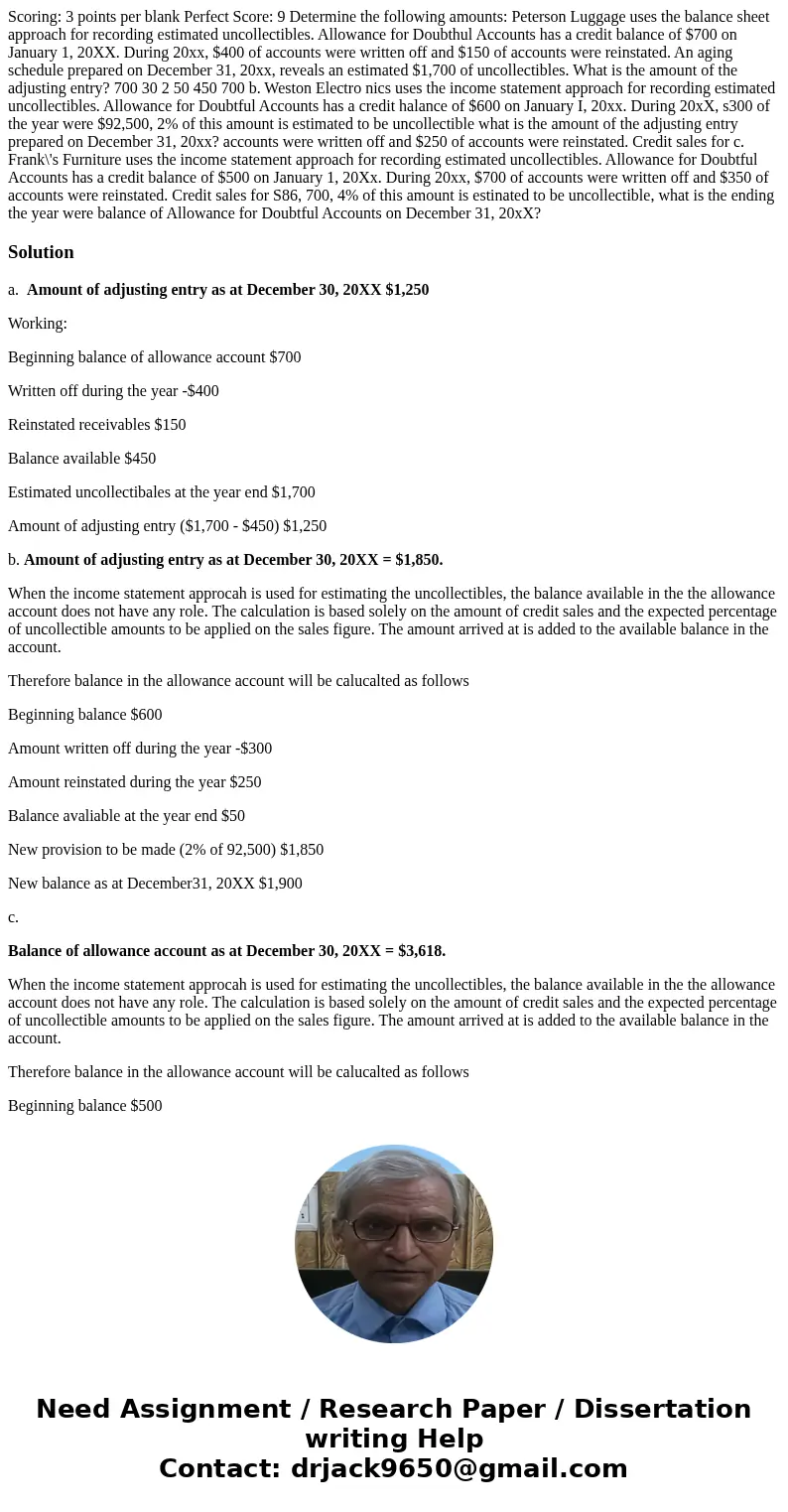Scoring: 3 points per blank Perfect Score: 9 Determine the following amounts: Peterson Luggage uses the balance sheet approach for recording estimated uncollec  Scoring: 3 points per blank Perfect Score: 9 Determine the following amounts: Peterson Luggage uses the balance sheet approach for recording estimated uncollec